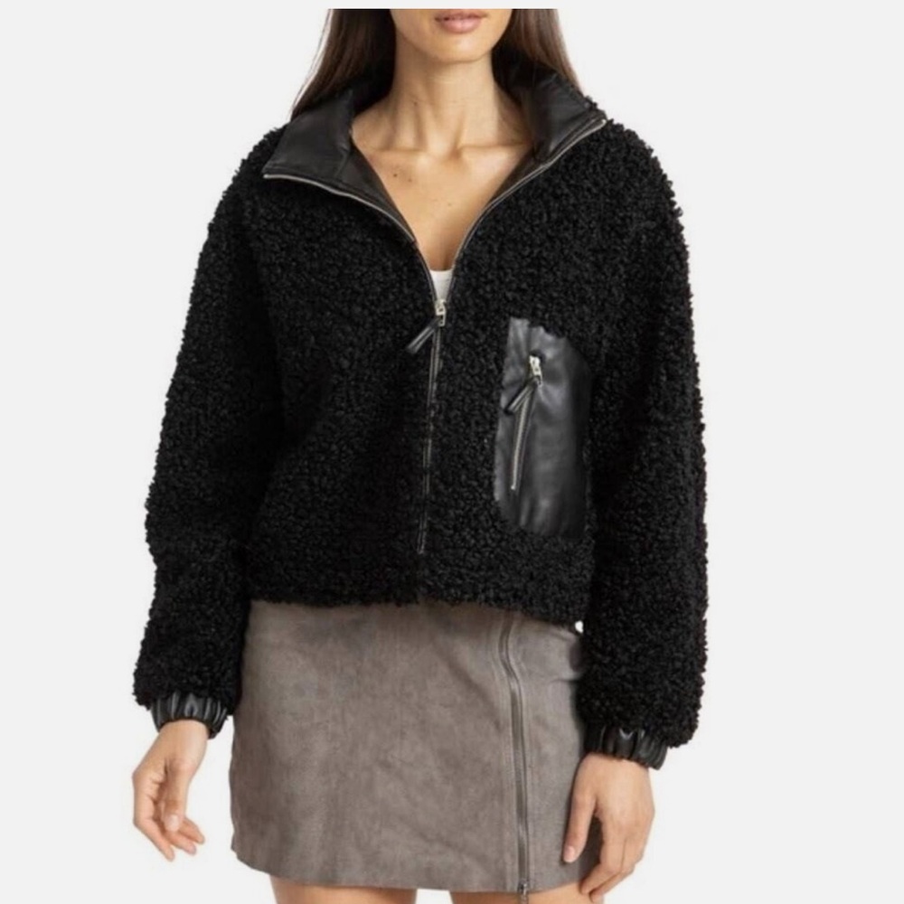 Blank NYC black bomber jacket leather trim faux shearling in black